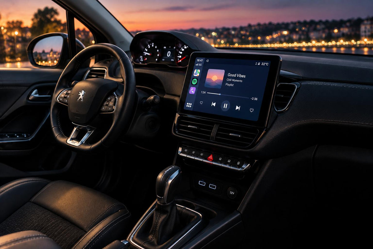Écran CarPlay dans une Peugeot 208 au crépuscule