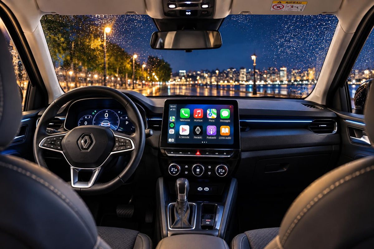Écran CarPlay allumé dans une Renault, la nuit
