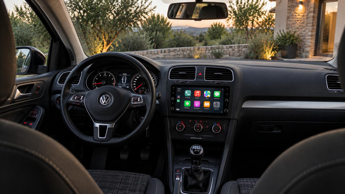 Autoradio CarPlay dans une Volkswagen Golf, la nuit