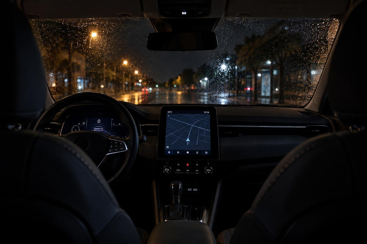 Habitacle de voiture la nuit sous la pluie, écran central allumé