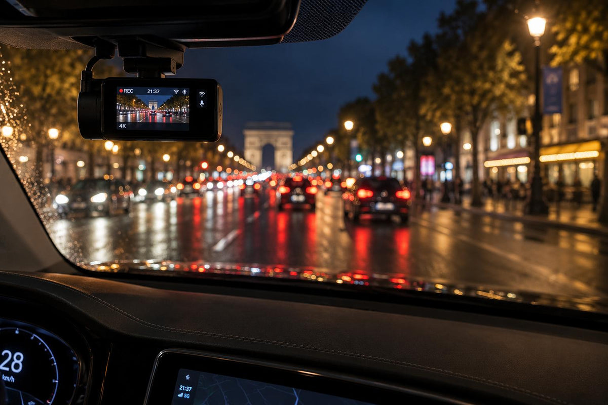 Dashcam 4K derrière le rétroviseur, en ville la nuit